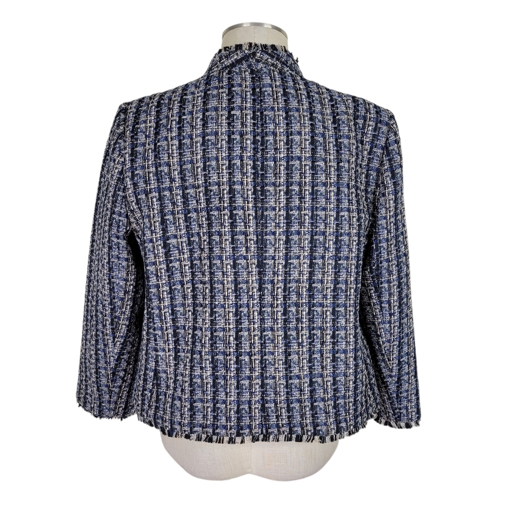 Ann Taylor Factory Tweed Skirt Suit 12 Black Tan Fringe Trim Pockets Open Front - Picture 6 of 11